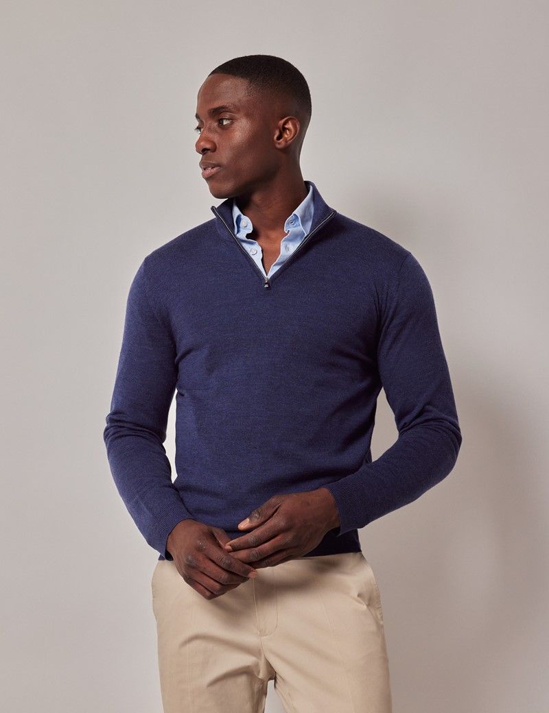 Men's Dark Blue Half Zip Merino Jumper - Machine Washable | Hawes & Curtis