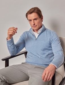 Sky Blue Half Zip Merino Sweater - Machine Washable