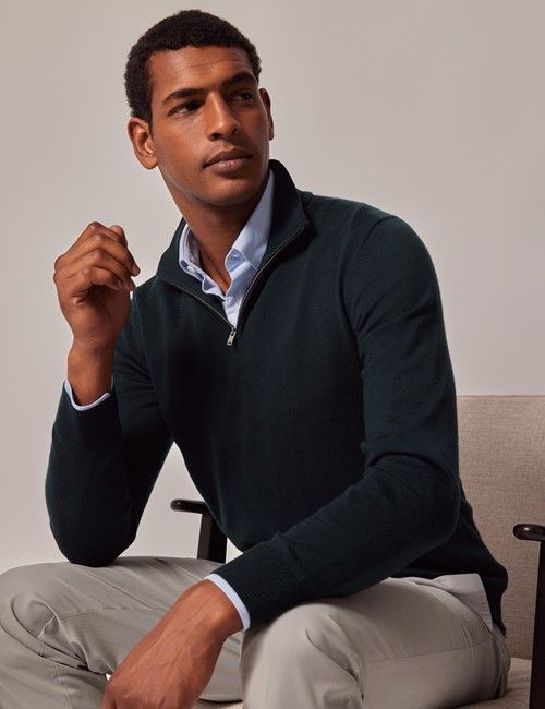 Dark Green Half Zip Merino Sweater - Machine Washable