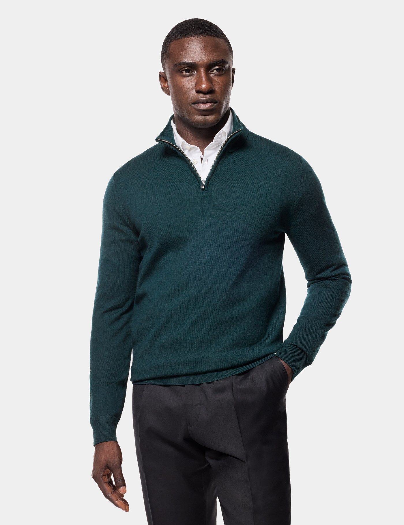 green dress sweater men Men's Dark Half Zip Merino - Machine Washable emerald green sweater