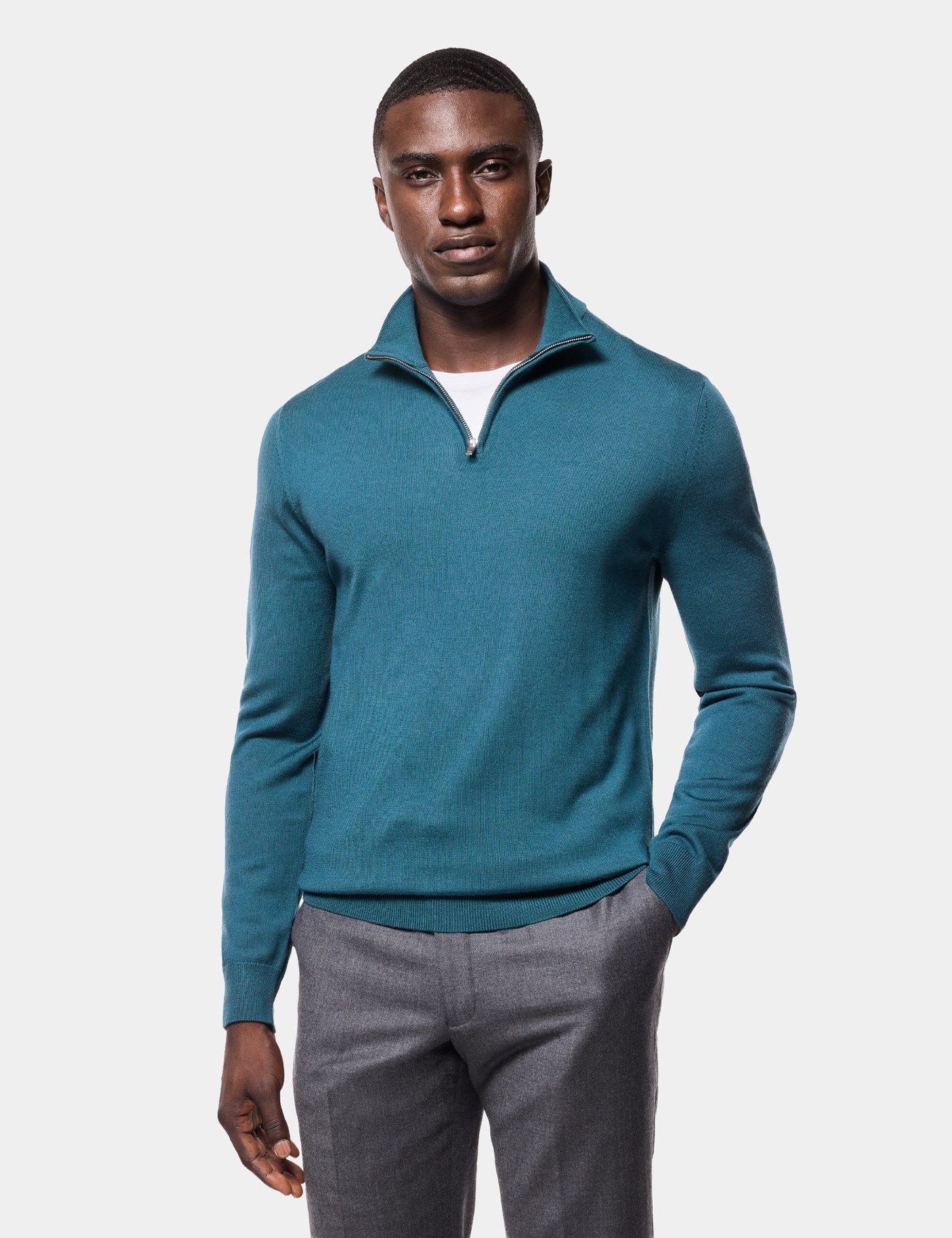 Men's Dark Teal Half Zip Sweater - Machine Washable | Hawes & Curtis