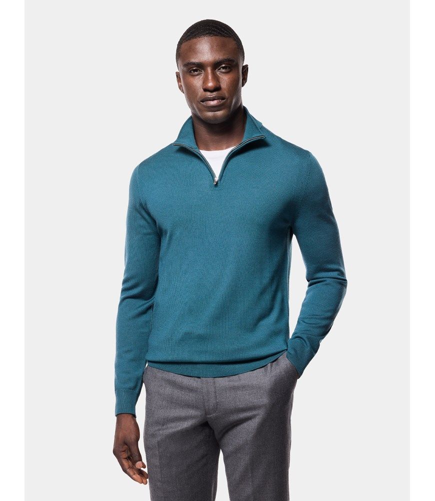 Men's Dark Teal Half Zip Sweater - Machine Washable | Hawes & Curtis