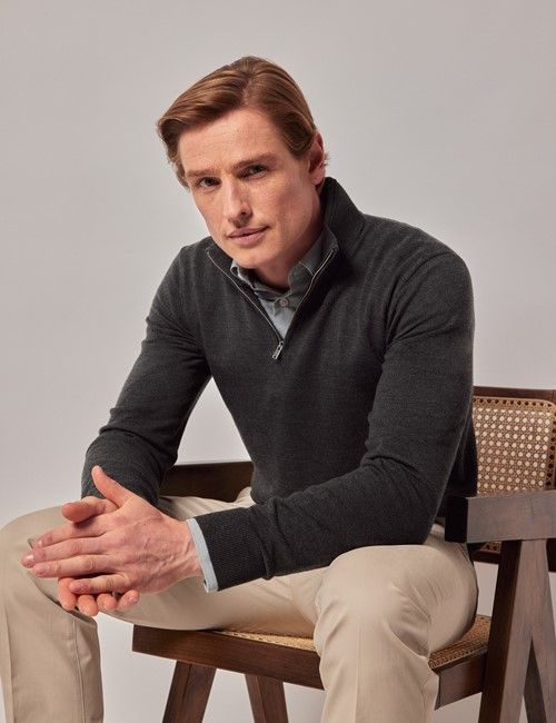 Moss Green Half Zip Merino Sweater - Machine Washable