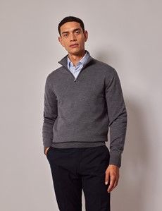 Grey Half Zip Merino Sweater - Machine Washable