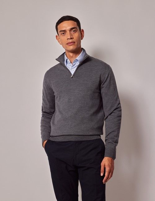 Grey Half Zip Merino Sweater - Machine Washable