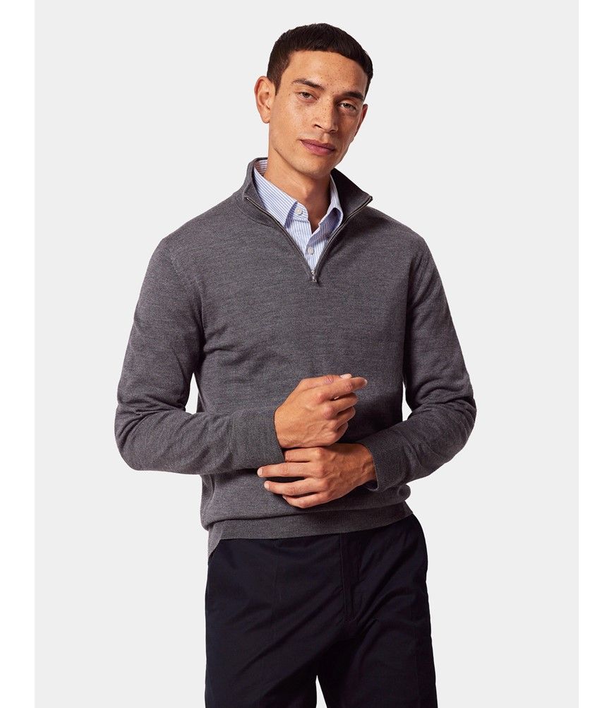 Men's Grey Half Zip Merino Jumper - Machine Washable | Hawes
