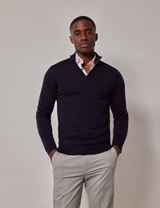 Navy Half Zip Merino Sweater - Machine Washable