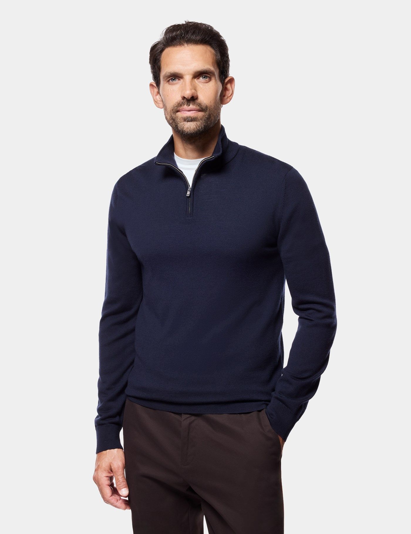 Men's Navy Half Zip Merino Sweater - Machine Washable | Hawes & Curtis