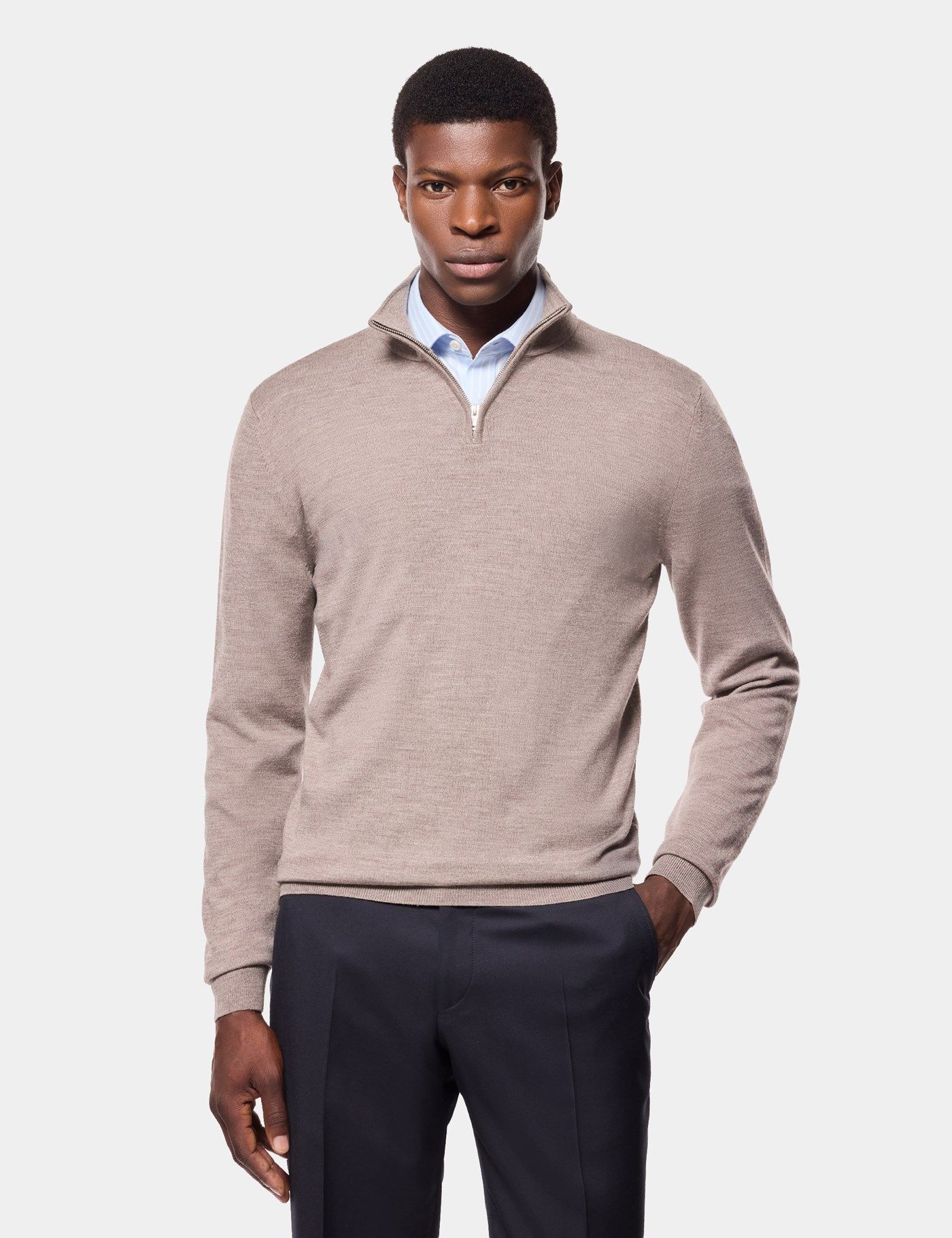 Men's Neutral Half Zip Merino Sweater - Machine Washable | Hawes
