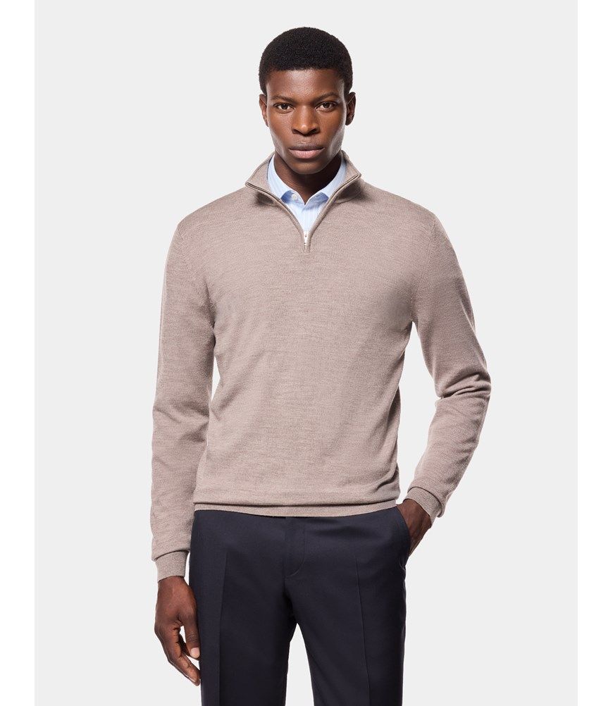 Men's Neutral Half Zip Merino Sweater - Machine Washable | Hawes