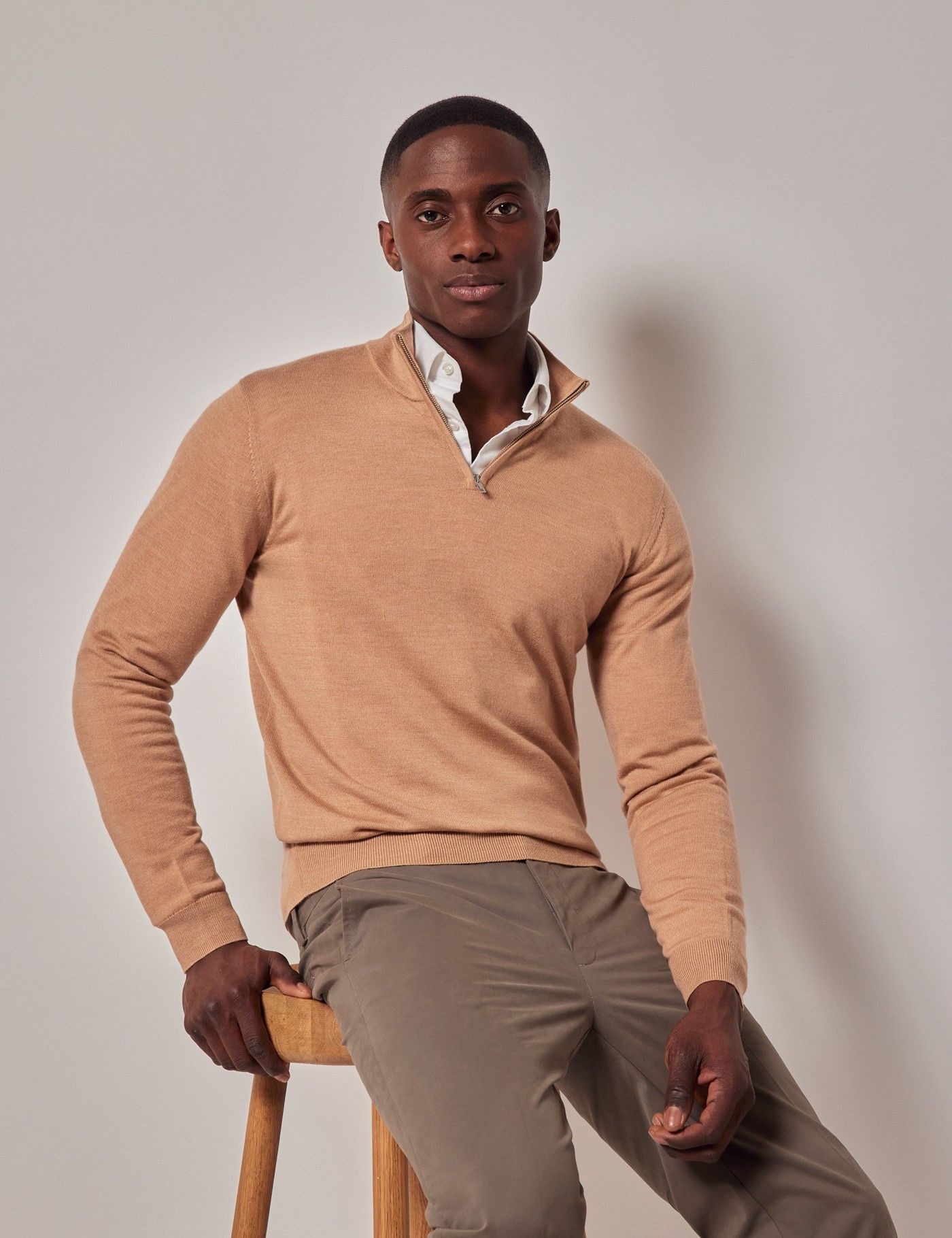 Men's Camel Half Zip Merino Sweater - Machine Washable