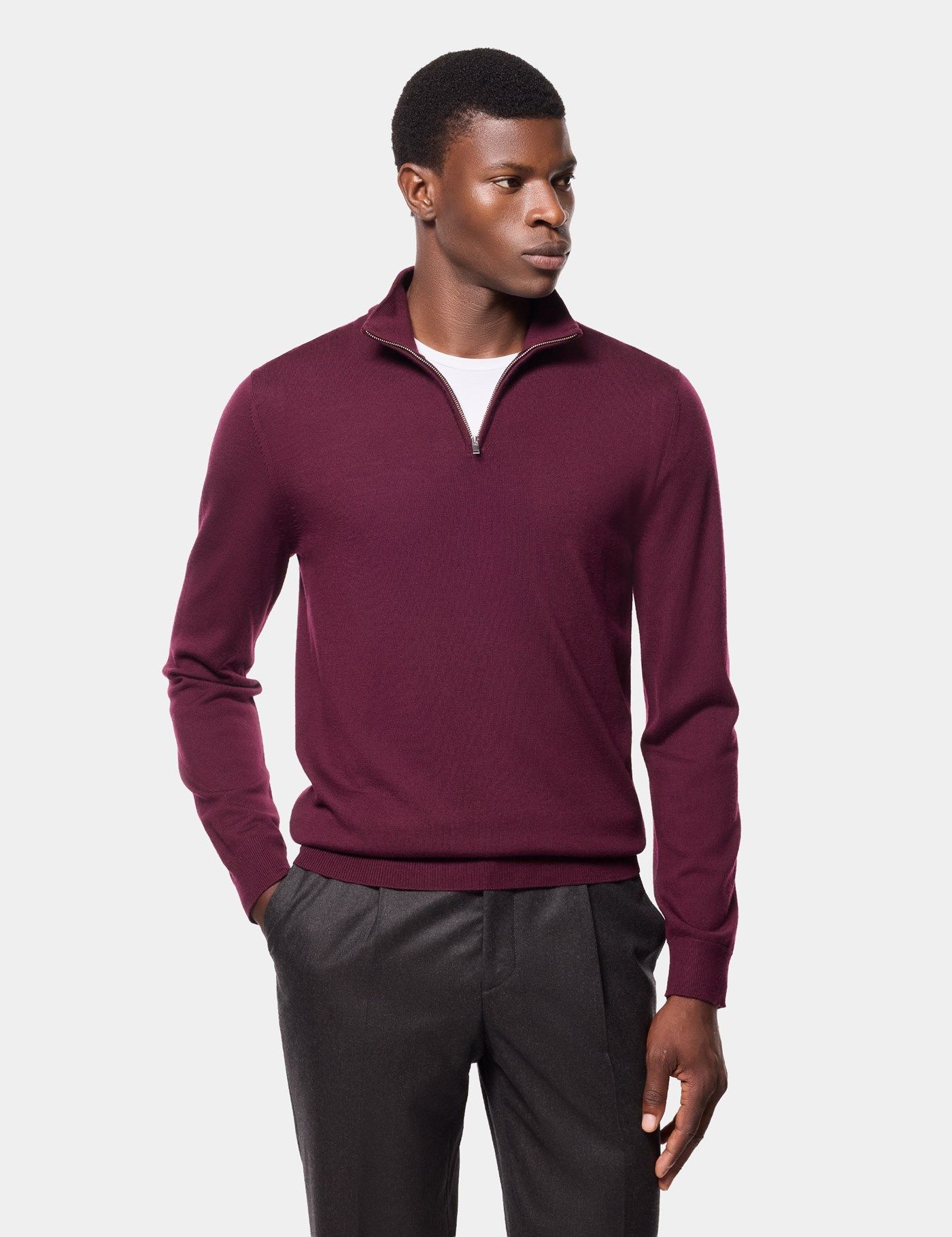 Men's Claret Half Zip Merino Sweater - Machine Washable | Hawes