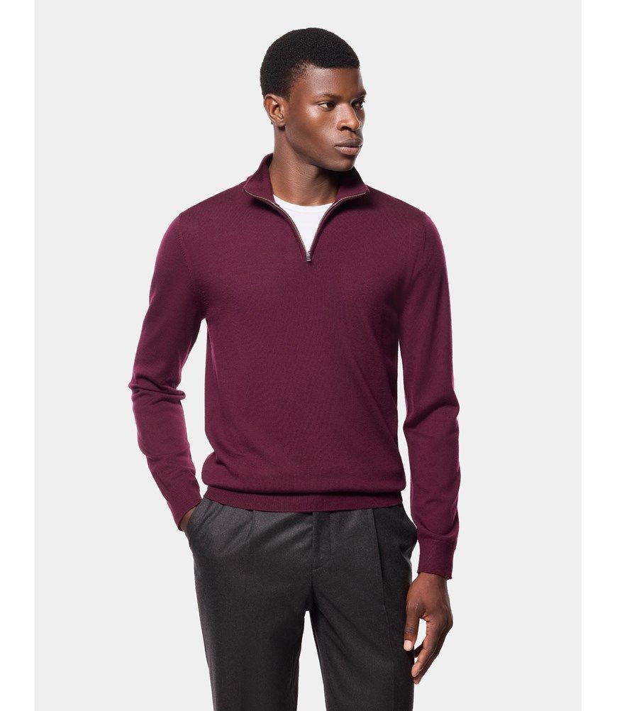 Men's Claret Half Zip Merino Sweater - Machine Washable | Hawes