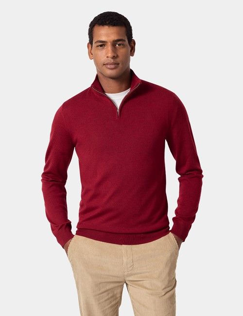 Dark Red Half Zip Sweater - Machine Washable