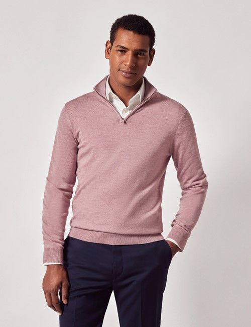 Dusky Pink Half Zip Merino Sweater - Machine Washable