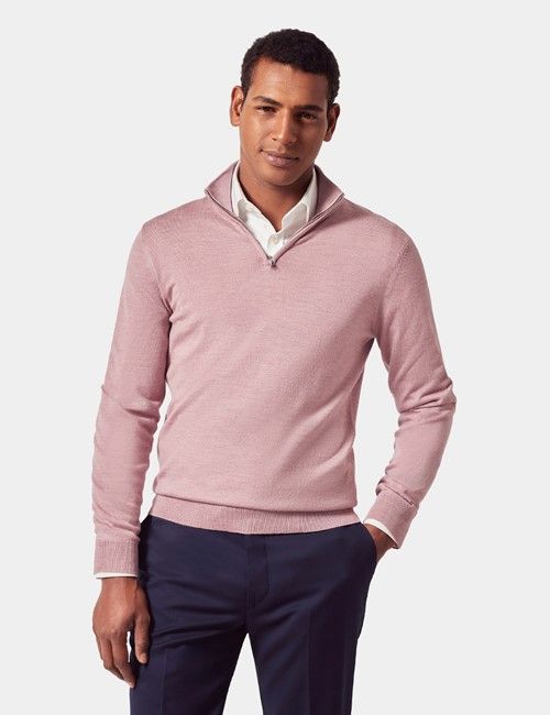 Dusky Pink Half Zip Merino Sweater - Machine Washable