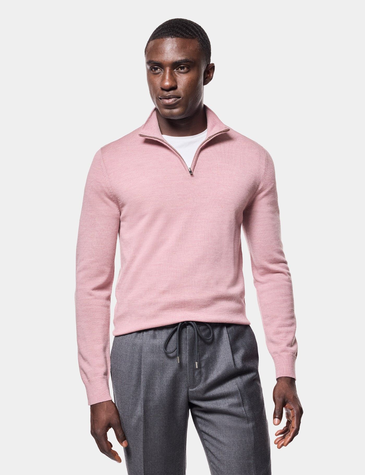 Men's Dusky Pink Half Zip Merino Jumper - Machine Washable | Hawes