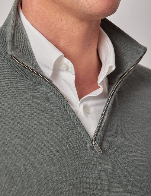 Dark Sage Half Zip Merino Sweater - Machine Washable-preview