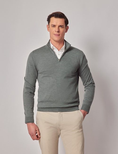 Dark Sage Half Zip Merino Sweater - Machine Washable