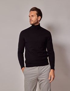 Black Roll Neck Merino Sweater - Machine Washable
