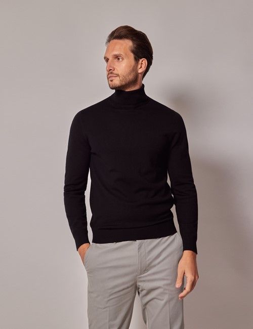 Black Roll Neck Merino Sweater - Machine Washable