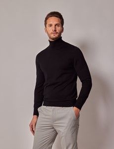 Black Roll Neck Merino Sweater - Machine Washable-preview2