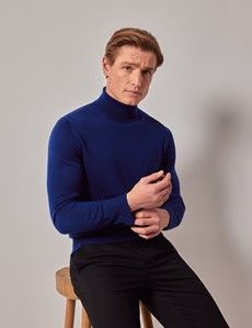 Royal Blue Roll Neck Merino Sweater - Machine Washable