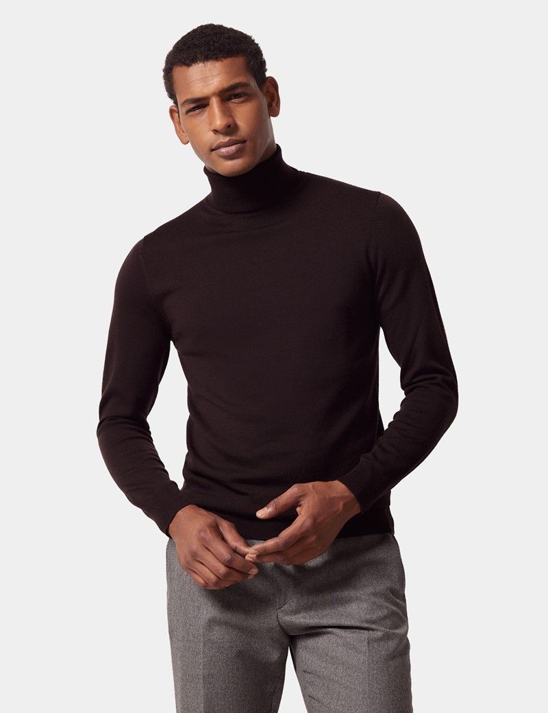 Dark Brown Roll Neck Sweater - Machine Washable