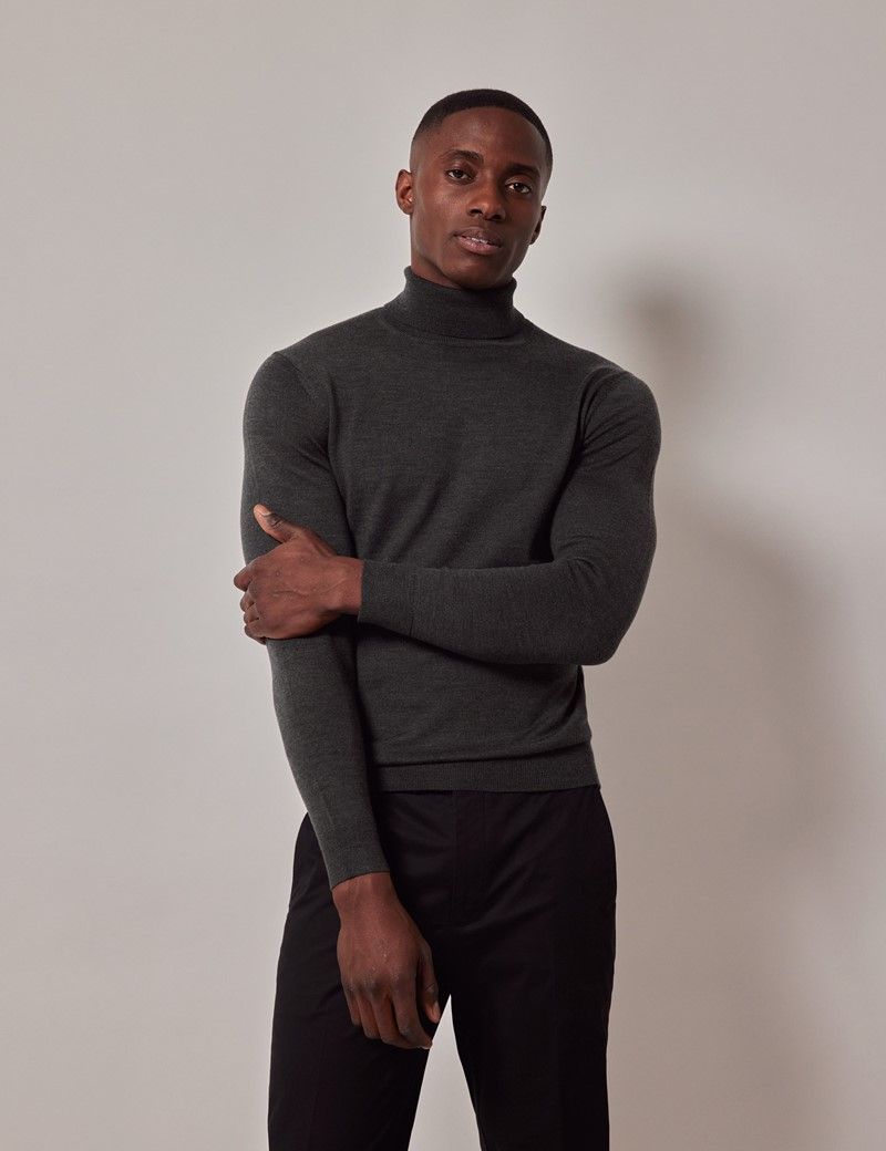 Men's Moss Green Roll Neck Merino Jumper - Machine Washable | Hawes ...