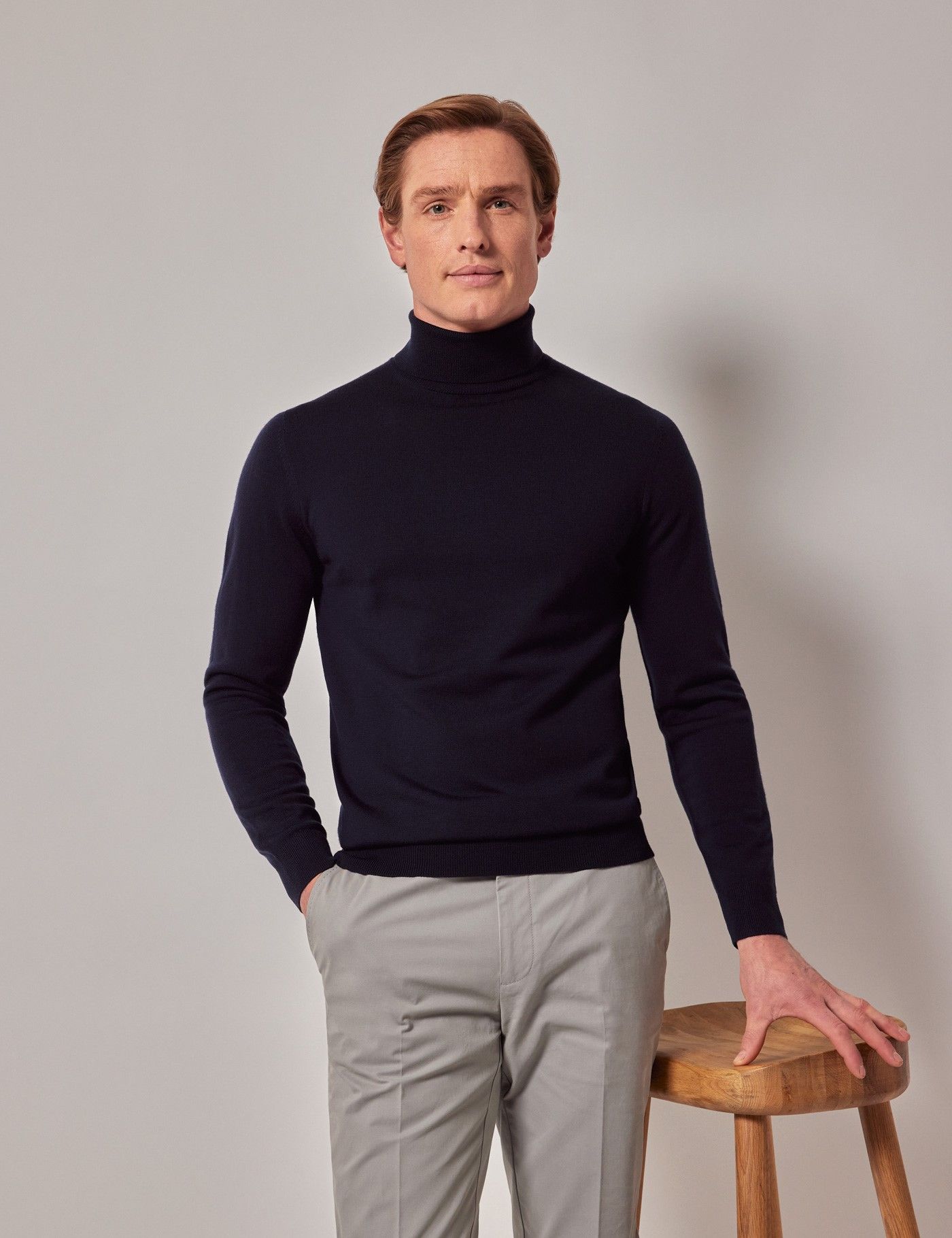 Men's Navy Roll Neck Merino Sweater - Machine Washable | Hawes & Curtis