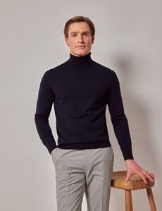 Navy Roll Neck Merino Sweater - Machine Washable