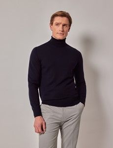 Navy Roll Neck Merino Sweater - Machine Washable-preview2