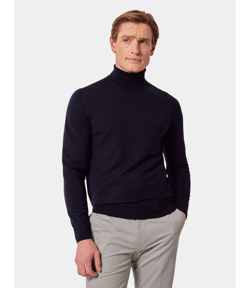 Men's Navy Roll Neck Merino Jumper Machine Washable Hawes Curtis