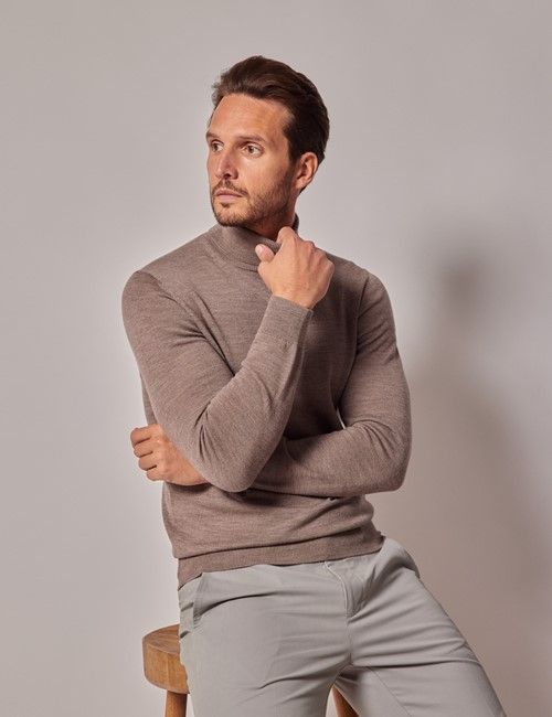 Neutral Roll Neck Merino Sweater - Machine Washable