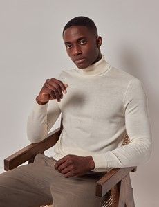 Cream Roll Neck Merino Sweater - Machine Washable