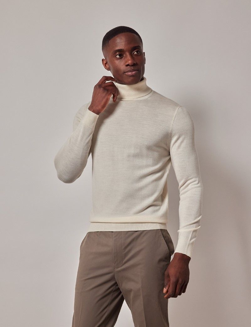 Men's Cream Roll Neck Merino Jumper - Machine Washable | Hawes & Curtis