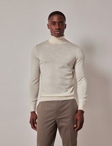 Cream Roll Neck Merino Sweater - Machine Washable-preview5