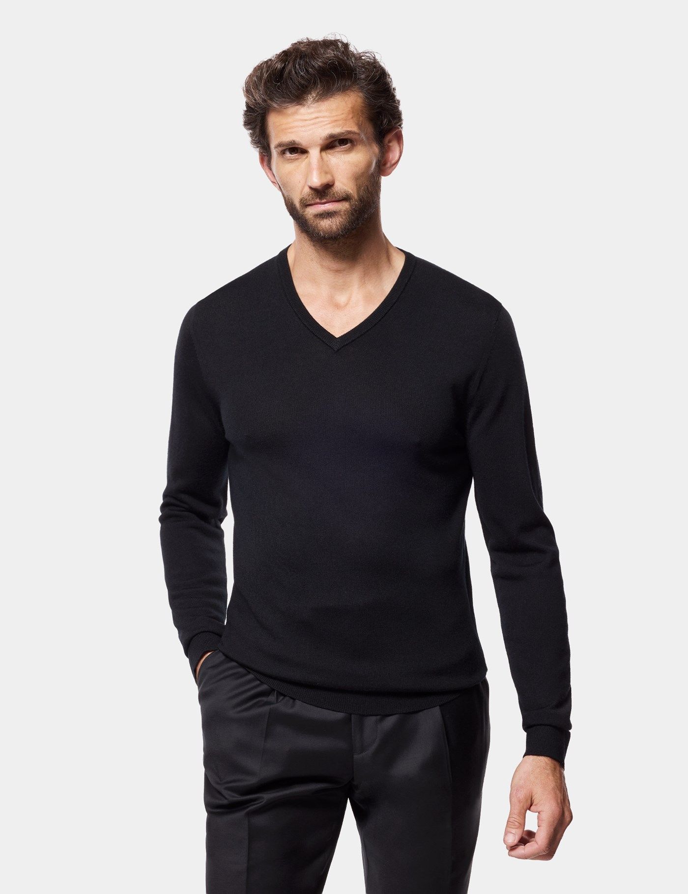 Men's Black V-Neck Merino Sweater - Machine Washable | Hawes & Curtis
