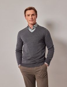 Grey V-Neck Merino Sweater - Machine Washable