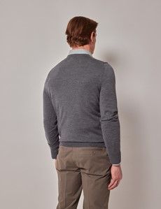 Grey V-Neck Merino Sweater - Machine Washable-preview2
