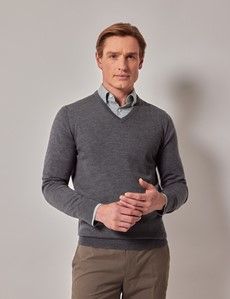 Grey V-Neck Merino Sweater - Machine Washable-preview4