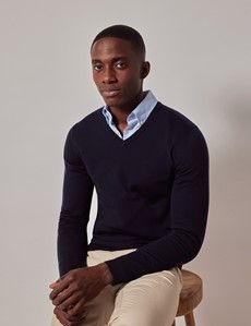 Navy V-Neck Merino Sweater - Machine Washable