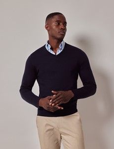 Navy V-Neck Merino Sweater - Machine Washable-preview1