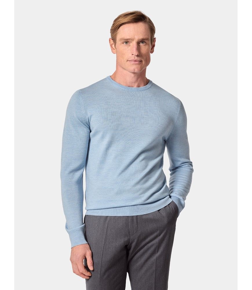 Men's Sky Blue Crew Neck Sweater - Machine Washable | Hawes & Curtis