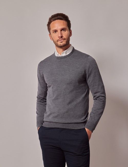 Grey Crew Neck Merino Sweater - Machine Washable