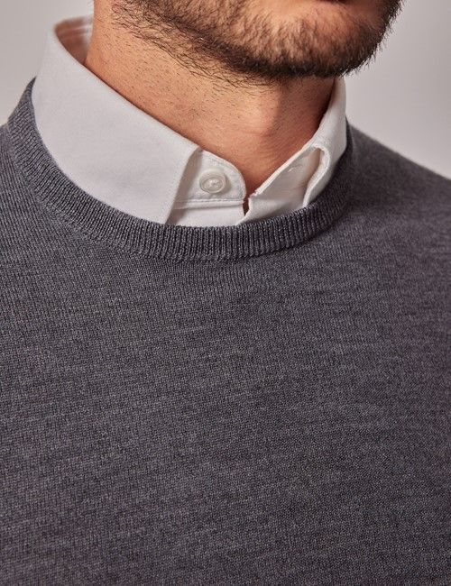 Grey Crew Neck Merino Sweater - Machine Washable-preview