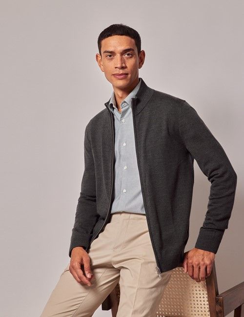 Moss Green Zip Through Merino Sweater - Machine Washable