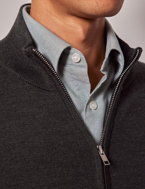 Moss Green Zip Through Merino Sweater - Machine Washable-preview