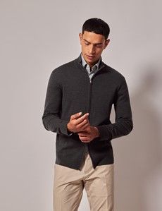 Moss Green Zip Through Merino Sweater - Machine Washable-preview5