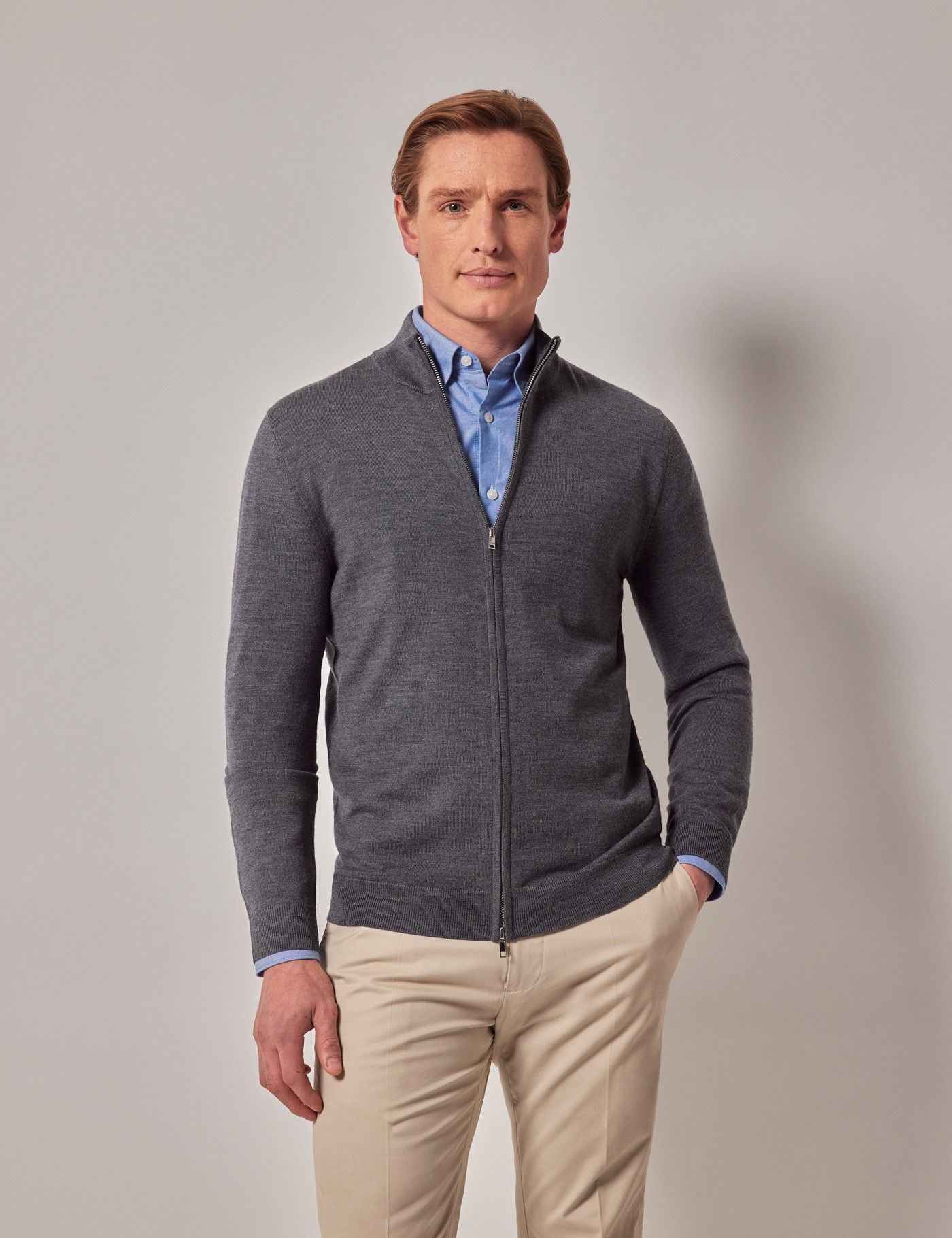 Grey Zip Through Merino Sweater- Machine Washable-preview